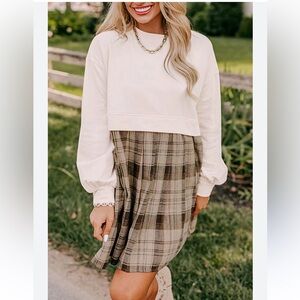 Chic Plaid A-Line Dress in Cream and Brown